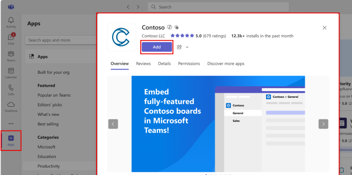 Microsoft Teams App Interface with a red box around the Add button.