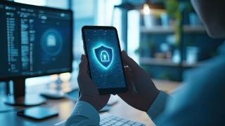 Hands holding a cellphone with a lock icon. 