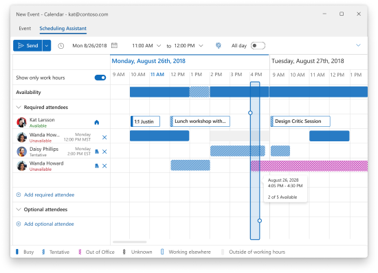 New outlook schedule assistant interface with a red box around the send button.