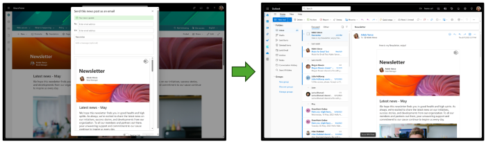 Side by side images of an example SharePoint news post and the fully rendering in an Outlook email.