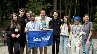 Andrew Misura with his B1-level English class at Ukrainian Catholic University.