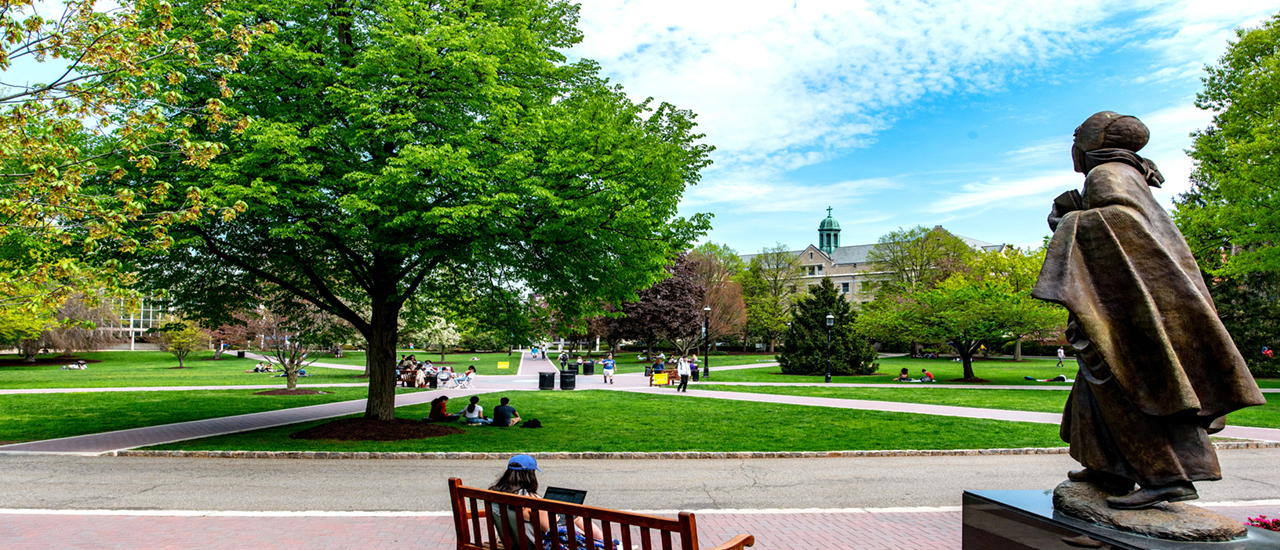 A statue of Mother Seton overlooking the University Green.