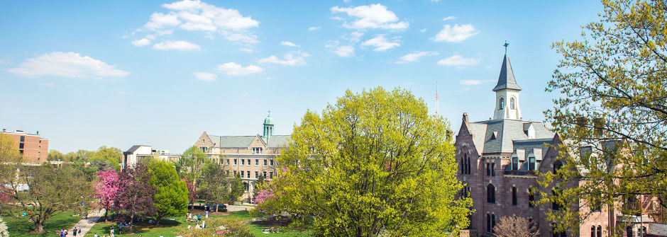 A photo of buildings on the Seton Hall campus.