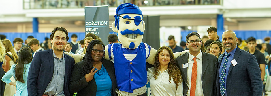Image of the Seton Hall Pirate at a Career Fair