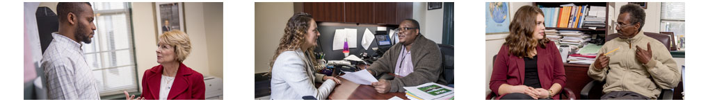 Three photos of faculty advising students.