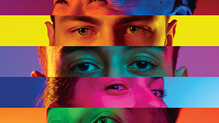 A montage of people's faces focusing on the eyes, each on in a different stripe of color.