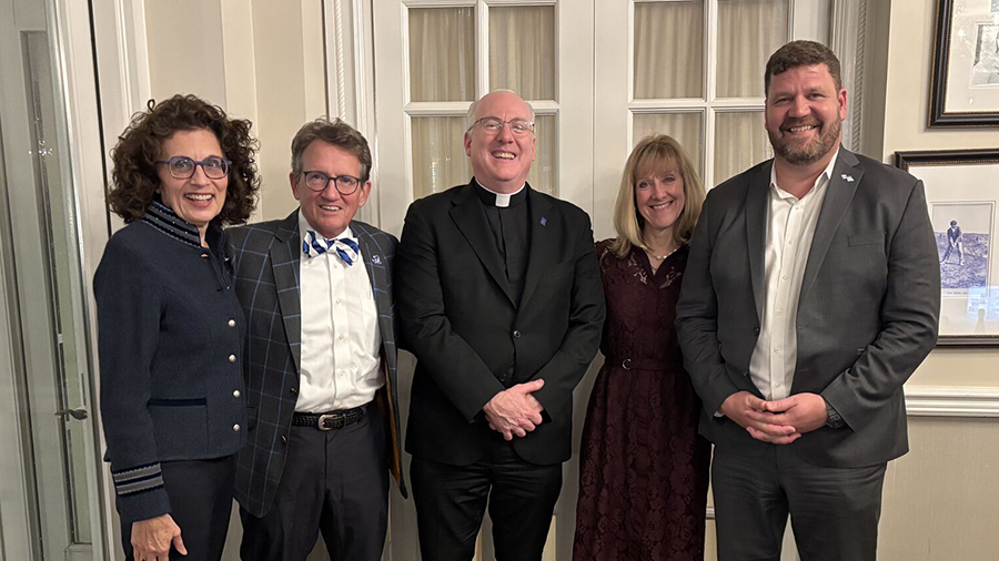 From left to right: Karen Borroff, Stephen Lovelette, Seton Hall President Monsignor Joseph Reilly, Dean Joyce Strawser, and Advancement VP Jon Paparsenos