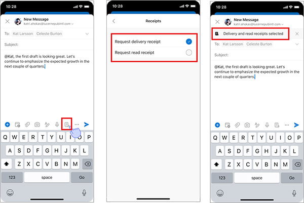 Screenshot of how to request delivery and read receipts while composing emails in Outlook