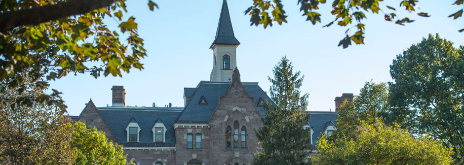 A shot of Presidents Hall from the University Green.